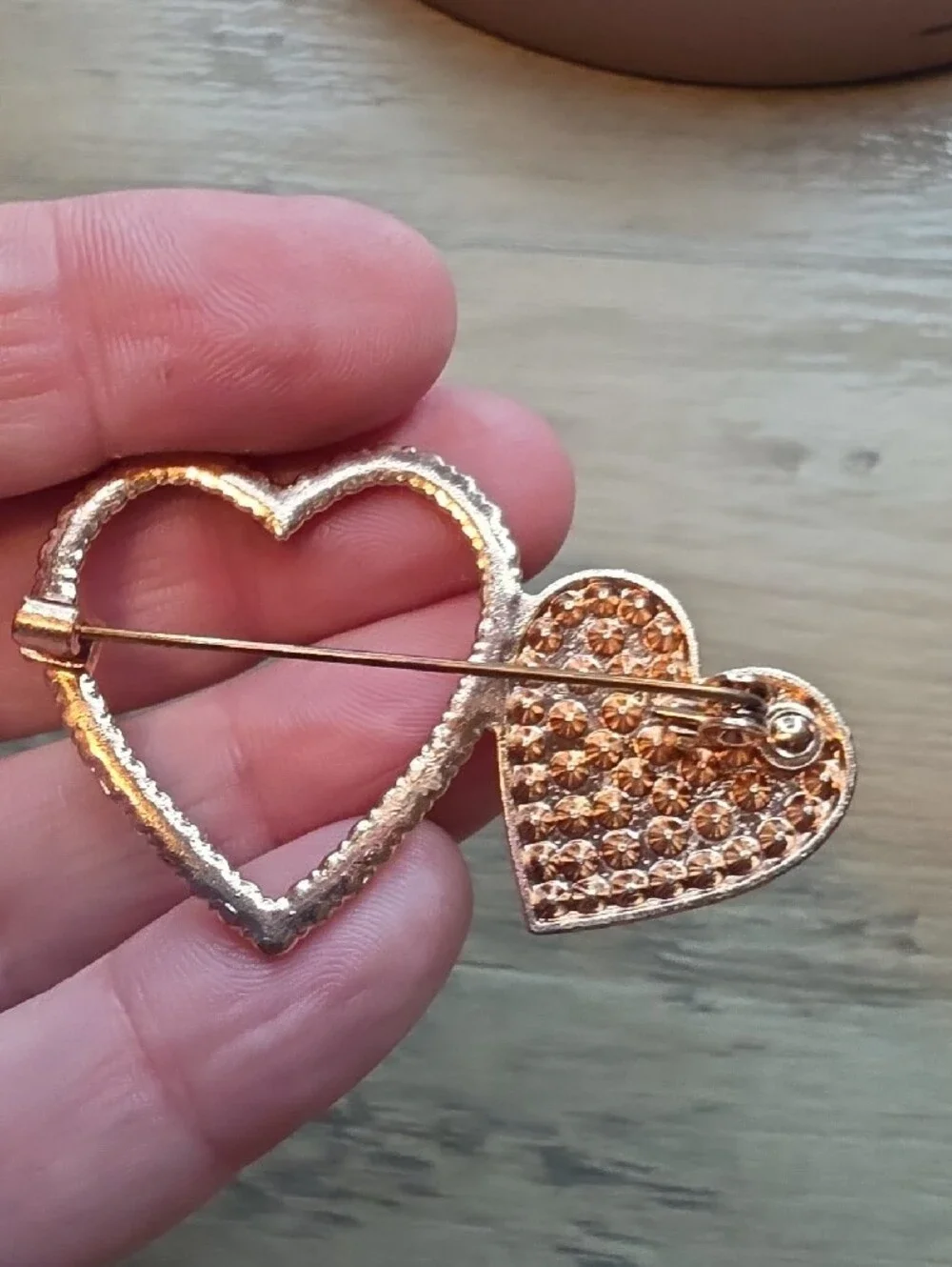 Rose Gold-Tone Heart Rhinestone Brooch - Pink Aurora Borealis Sparkle